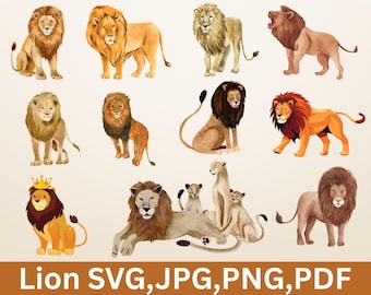 Watercolor Lion Clipart: High-Resolution PNG & JPG (Digital Download)