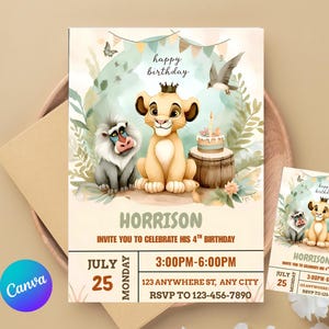 Puede incluir: Una invitación de cumpleaños con un cachorro de león de dibujos animados con una corona, un mono y un pastel. La invitación incluye el nombre "HORRISON", la fecha 25 de julio y los detalles del evento. Las palabras "feliz cumpleaños" están en la parte superior.