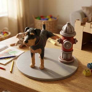 Op de afbeelding: Een hondenbeeldje met zwart en bruin haar, dat zijn been optilt in de buurt van een rode brandkraan. De scène bevat een kartelen kasteel, kleurpotloden en een teddybeer, wat wijst op een speels thema. De hond staat op een grijze, cirkelvormige basis.