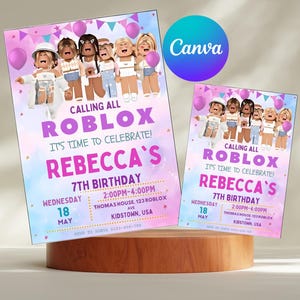 Editable Roblox Girl Invitation, Roblox Girl Birthday Party Theme, Roblox Girls Birthday Invitation Template, Gamer Girl, Editable Canva