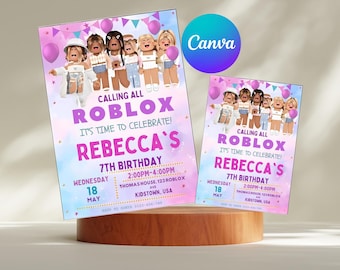 編集可能なRobloxガール誕生日招待状テンプレート：ゲーマーテーマ（デジタルダウンロード、5x7 PDF Canva）