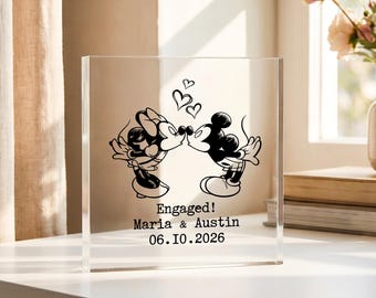 Personalized Mickey  Minnie Engraved Acrylic Plaque, Custom Names & Date Engagement Sign, Disney Couple Wedding Keepsake