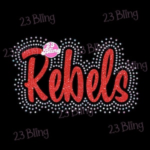 Könnte beinhalten: Schwarze Grafik mit dem Wort "Rebels" in roter Glitzerschrift, umgeben von einem Rand aus kleinen, irisierenden Strasssteinen. Ein rosa Kreis mit "23 Bling" befindet sich über dem Wort. Der Schriftzug "23 Bling" wiederholt sich in den Ecken.
