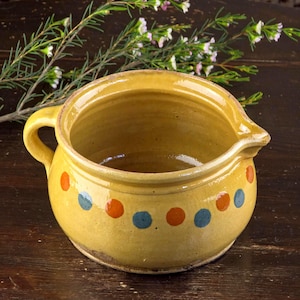 Può includere: Brocca in ceramica gialla con manico e beccuccio, decorata con pois arancioni e blu. La brocca è appoggiata su una superficie di legno scuro, con un rametto di fiori bianchi e rosa sullo sfondo.