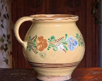 antique jug | yellow earthenware vase or planter with floral motif