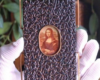 vintage framed art |  carved wood and copper Mona Lisa relief
