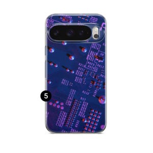 May include: A phone case with a blue and purple circuit board design. The case has a clear border and a camera cutout. The design features electronic components and text, creating a tech-inspired aesthetic.
