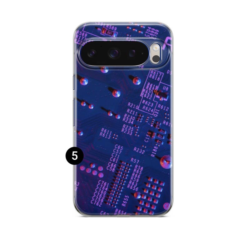 May include: A phone case with a blue and purple circuit board design. The case has a clear border and a camera cutout. The design features electronic components and text, creating a tech-inspired aesthetic.