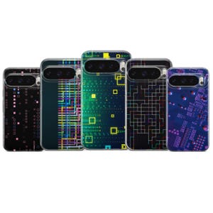 May include: Five phone cases with distinctive designs. The cases display patterns such as grids, circuit board layouts, and geometric shapes in black, green, blue, and purple. The cases are designed to fit a specific phone model.