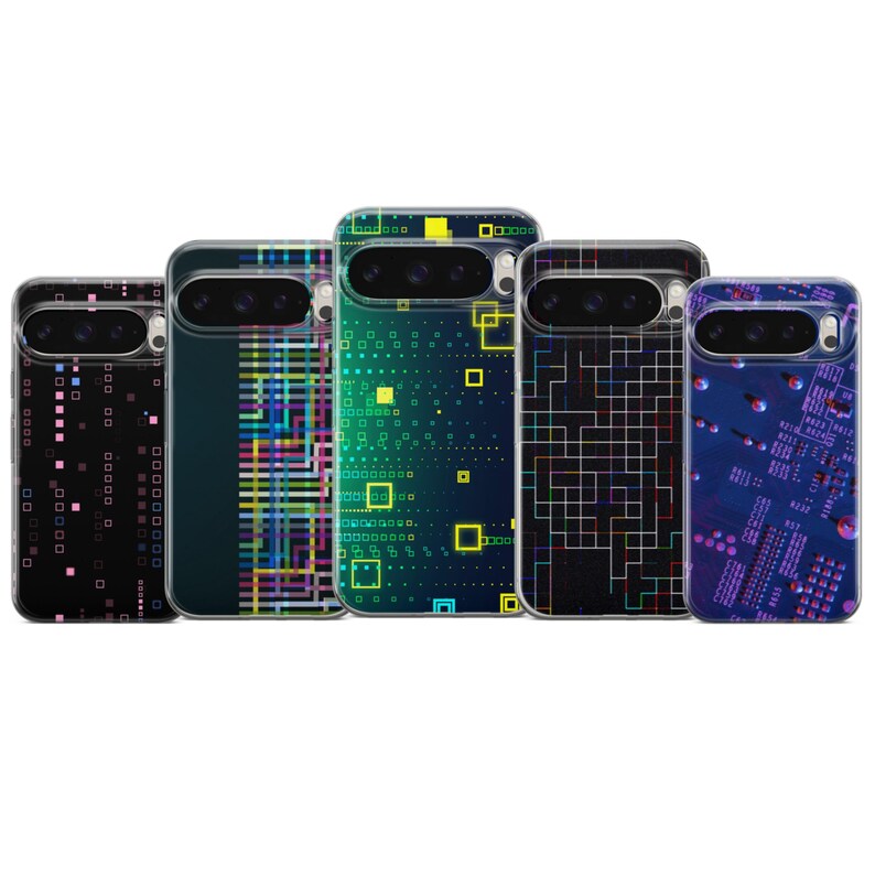 May include: Five phone cases with distinctive designs. The cases display patterns such as grids, circuit board layouts, and geometric shapes in black, green, blue, and purple. The cases are designed to fit a specific phone model.