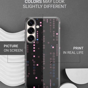 May include: A black smartphone case featuring a geometric pattern of pink and blue squares. The text on the case reads "THIS IS DURABLE UV PRINT" and "COLORS MAY LOOK SLIGHTLY DIFFERENT". The image shows a comparison of the design on the screen versus the print.