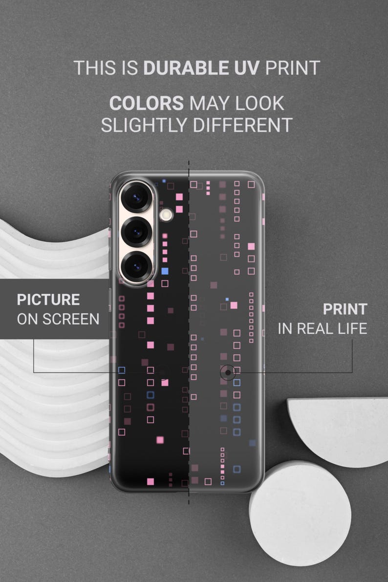 May include: A black smartphone case featuring a geometric pattern of pink and blue squares. The text on the case reads "THIS IS DURABLE UV PRINT" and "COLORS MAY LOOK SLIGHTLY DIFFERENT". The image shows a comparison of the design on the screen versus the print.