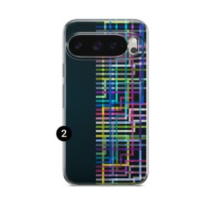 May include: Transparent phone case with a geometric pattern. It has a dark blue vertical section on the left and a colourful grid design on the right. The grid is made of intersecting lines in various colours, including blue, green, yellow, and pink.