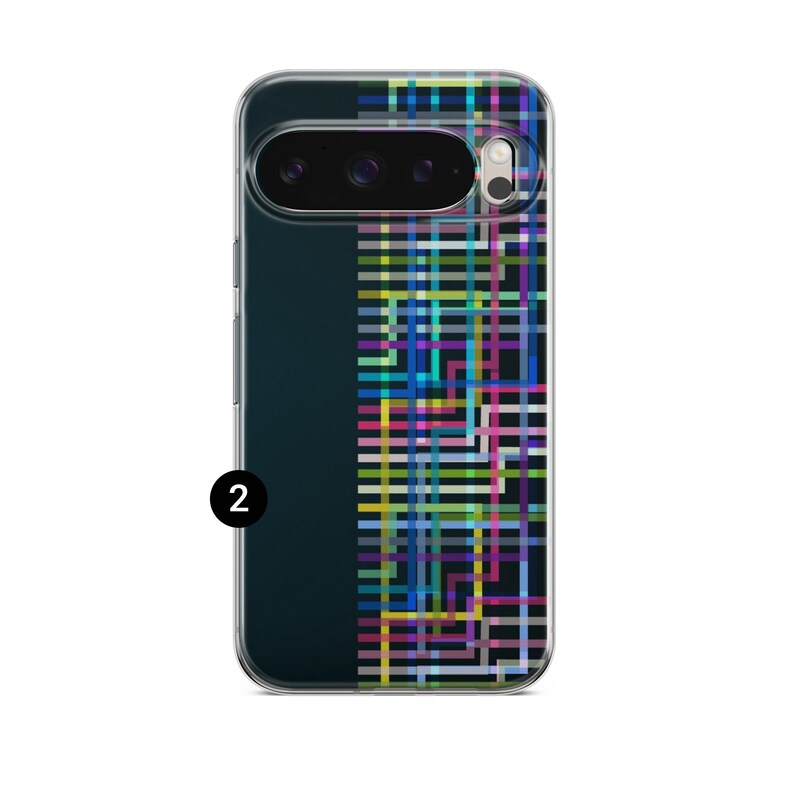 May include: Transparent phone case with a geometric pattern. It has a dark blue vertical section on the left and a colourful grid design on the right. The grid is made of intersecting lines in various colours, including blue, green, yellow, and pink.