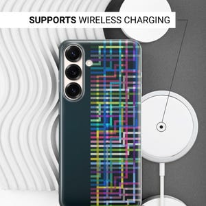 May include: A smartphone case featuring a vibrant geometric grid pattern. The case has a dark blue side and a clear finish. Text reads "SUPPORTS WIRELESS CHARGING" and "SIDES ARE NOT PRINTED".