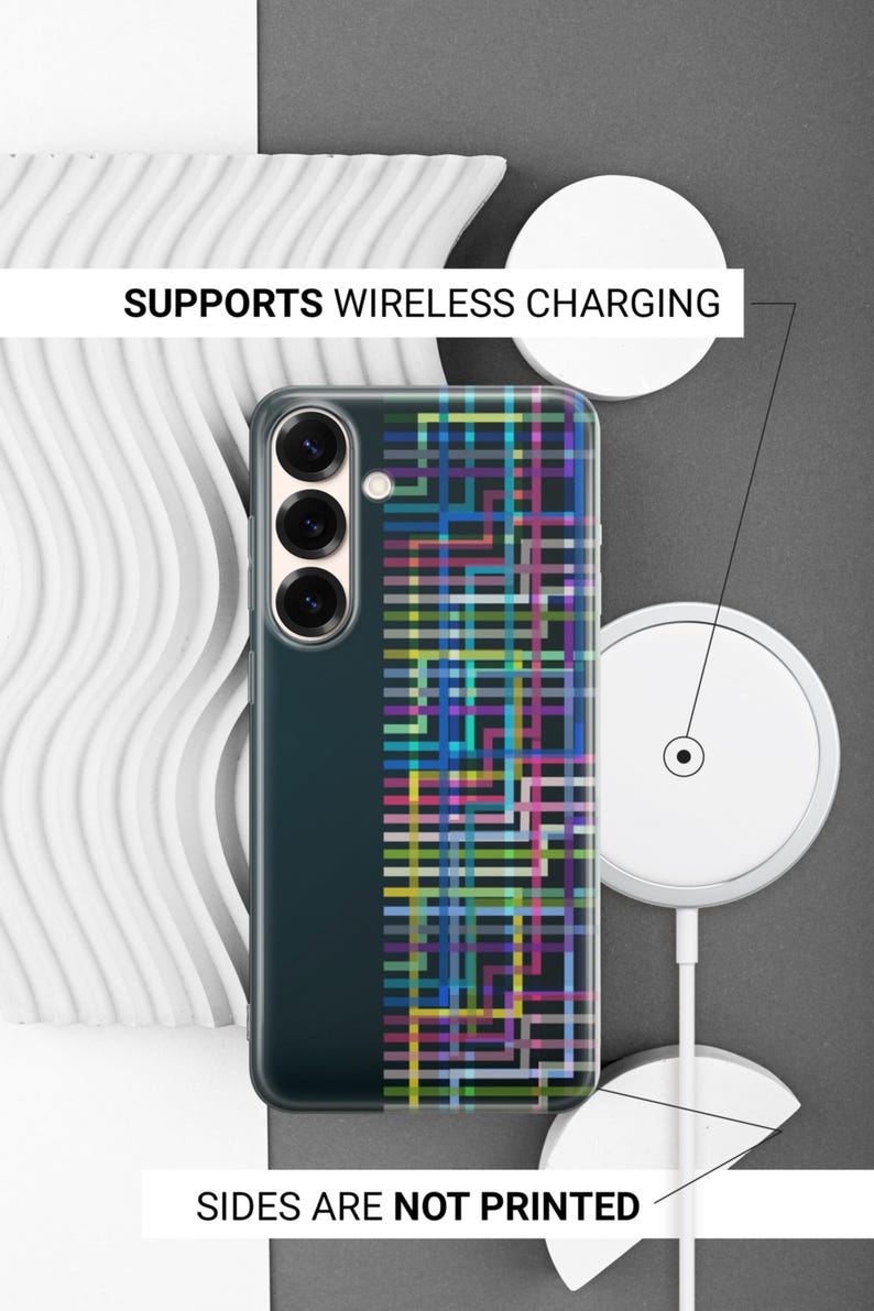 May include: A smartphone case featuring a vibrant geometric grid pattern. The case has a dark blue side and a clear finish. Text reads "SUPPORTS WIRELESS CHARGING" and "SIDES ARE NOT PRINTED".