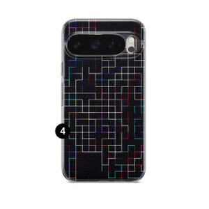 May include: Black phone case with a geometric grid design. The pattern includes white lines and colourful accents in red, blue, green, and yellow. The case has a clear border and a camera cutout.