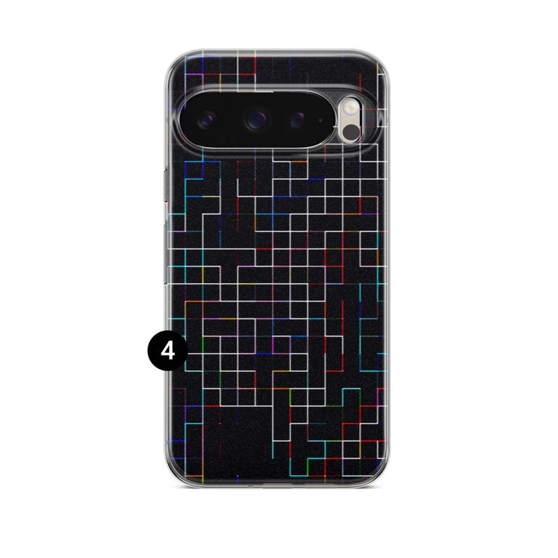 May include: Black phone case with a geometric grid design. The pattern includes white lines and colourful accents in red, blue, green, and yellow. The case has a clear border and a camera cutout.
