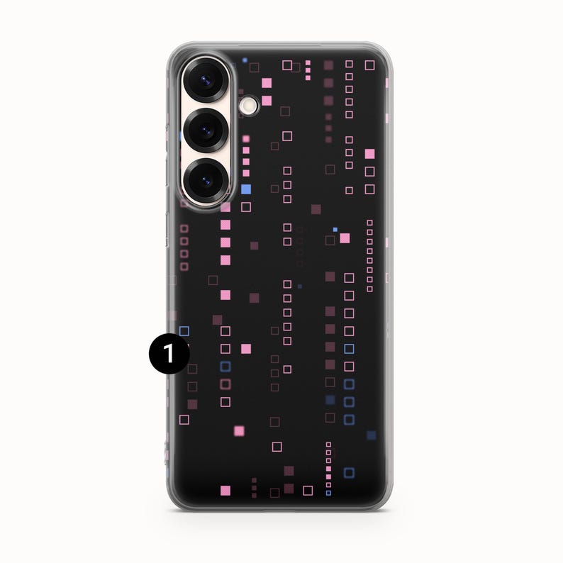 May include: A black phone case featuring a pattern of pink, blue, and purple squares. The case has a clear border and a camera module with three lenses. The design is a digital or tech-inspired pattern.