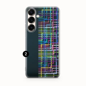 May include: Transparent phone case with a vibrant geometric design. The pattern is a grid of intersecting lines in colours such as blue, green, pink, and yellow. The phone case has a dark blue side with three camera lenses.