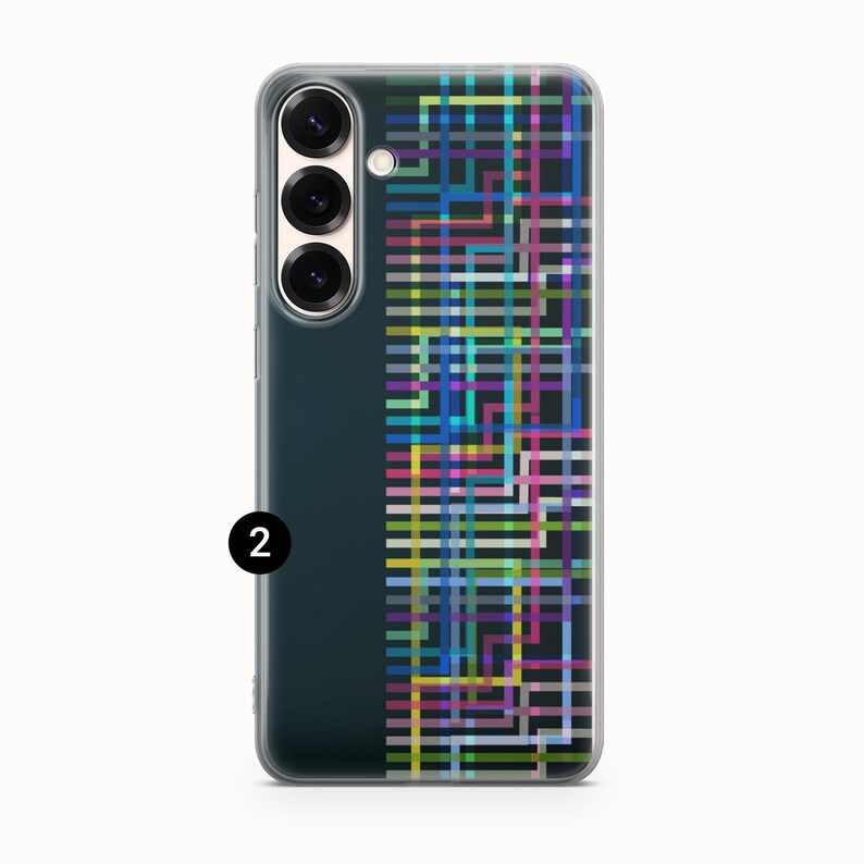 May include: Transparent phone case with a vibrant geometric design. The pattern is a grid of intersecting lines in colours such as blue, green, pink, and yellow. The phone case has a dark blue side with three camera lenses.