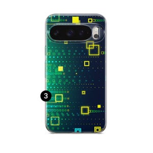May include: A transparent phone case with a digital pattern. The case has a dark blue to green gradient with yellow and teal squares and dots. The number "3" is printed on the case.