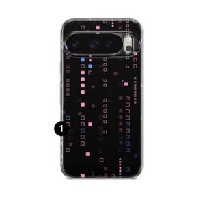 May include: Black phone case featuring a pattern of pink, purple, and blue squares. The case has a clear border and a camera cutout. The design is a repeating pattern of small squares in a grid-like arrangement.