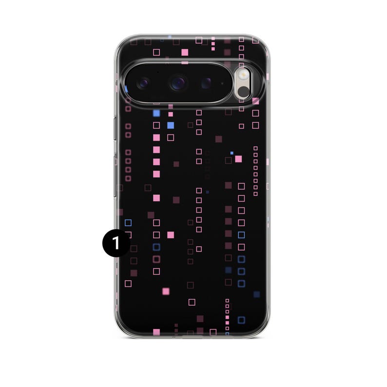 May include: Black phone case featuring a pattern of pink, purple, and blue squares. The case has a clear border and a camera cutout. The design is a repeating pattern of small squares in a grid-like arrangement.