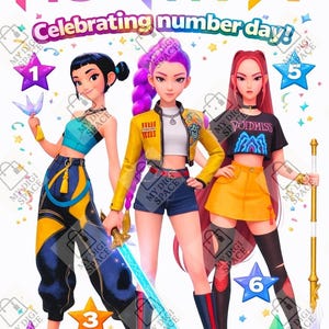 May include: Digital illustration featuring three stylized female characters in vibrant outfits, holding weapons and accessories. The image includes text that reads "HUNTREX Celebrating number day!" and star-shaped graphics with numbers.