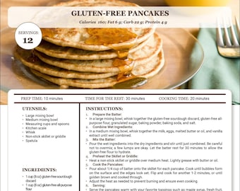 May include: A stack of gluten-free pancakes drizzled with syrup, served on a plate with a fork. The image includes a recipe with instructions, ingredients, and nutritional information. The recipe yields 12 servings.