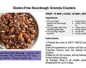 May include: A plate of gluten-free sourdough granola clusters with almonds. The image includes a recipe with ingredients and instructions. The nutritional facts per serving are also listed.