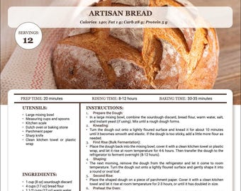 Könnte beinhalten: Nahaufnahme eines Brotlaibs mit goldbrauner Kruste. Das Bild enthält ein Rezept mit Anweisungen, Zutaten und Zubereitungszeit. Das Rezept ergibt 12 Portionen und listet Kalorien, Fett, Kohlenhydrate und Eiweiß auf.
