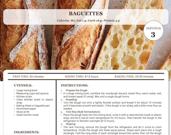 May include: Image of freshly baked baguettes, with a detailed view of the bread's texture. The image includes a recipe with instructions, prep time, and ingredients. The recipe yields 3 servings.