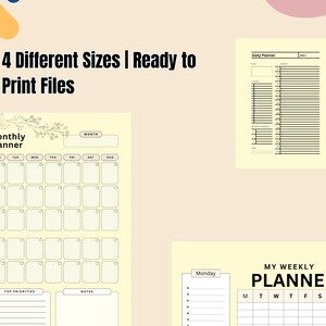Könnte beinhalten: Eine Sammlung druckbarer Planerseiten in verschiedenen Größen. Das Bild zeigt einen Monatsplaner, einen Tagesplaner und einen Wochenplaner. Der Text auf dem Bild lautet "4 Different Sizes | Ready to Print Files". Die Planer befinden sich auf einem hellgelben Hintergrund.