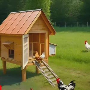 May include: A wooden chicken coop with a brown roof and a ramp, set in a grassy field. Several chickens and roosters with red combs are visible. The coop has a small nesting box and a door. The image has a PDF icon in the bottom left corner.
