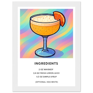 Impresión de cóctel Whiskey Sour, póster de cóctel Whiskey Sour, arte de pared de bar, impresiones de arte de carrito de bar clásico, impresión retro, accesorios de bar
