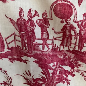 Antique French Chinoiserie Red Toile Fabric: 19th Century Scenic Linen 35x31 in