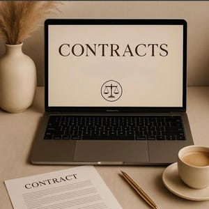 May include: A laptop displays the word "CONTRACTS" with a scales of justice icon. A cup of coffee, a pen, and a document labeled "CONTRACT" are on the table. A vase with dried plants is also present.