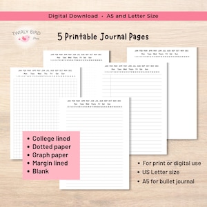Puede incluir: Descarga digital de 5 páginas de diario imprimibles. Las páginas incluyen opciones con líneas universitarias, punteadas, gráficas y con márgenes, así como páginas en blanco. Las páginas del diario están disponibles en tamaño US Letter y A5 para bullet journals.