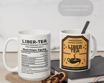 Liber-Tea Funny Mug, Gamer Gift, Double-Sided White Coffee Cup (11oz, 15 oz), Gamer Gift, Gifts for Him, Taste Democracy, Mug of Liber-Tea