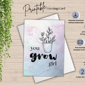 Cartão de felicitações roxo para impressão You Grow Girl | Cartão de aniversário | Cartão de felicitações instantâneo | Cartão de felicitações faça você mesmo | Cartão de felicitações You Grow Girl para impressão
