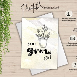 Cartão amarelo para imprimir You Grow Girl | Cartão de aniversário | Cartão de felicitações instantâneo | Cartão de felicitações faça você mesmo | Cartão para imprimir You Grow Girl