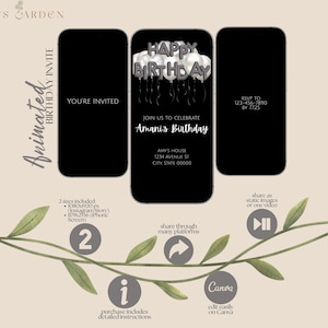 Animated Black Balloon Birthday Dinner Invitation Template | Animated Black Birthday Invitation | Digital Birthday Invitation Template