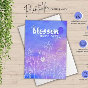 Cartão de felicitações com flores para impressão em aquarela azul | Cartão de aniversário | Cartão de felicitações instantâneo | Cartão de felicitações faça você mesmo | Cartão de felicitações para impressão