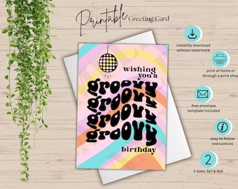 Cartão de aniversário para impressão Groovy | Cartão de aniversário retrô | Cartão de felicitações instantâneo | Cartão de aniversário faça você mesmo | Cartão de felicitações para impressão