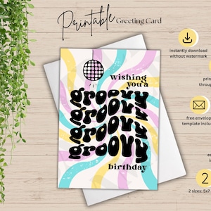 Cartão de aniversário para impressão Groovy Swirl | Cartão de aniversário retrô | Cartão de felicitações instantâneo | Cartão de felicitações de aniversário faça você mesmo | Cartão de felicitações para impressão