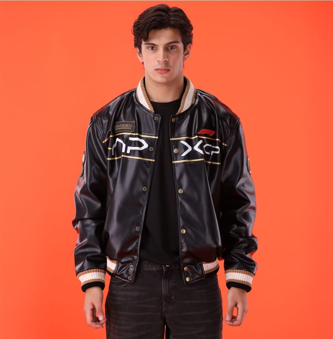 APX GP F1 Faux Leather Jacket, Black and Gold Varsity Jacket