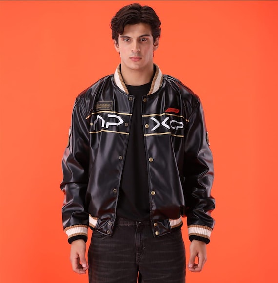 APX GP F1 Faux Leather Jacket, Black and Gold Varsity Jacket