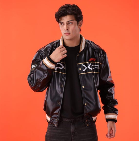 限定 木製ジャケット HEAVY L FORCE V.A. ジャパメタ APX GP F1 Faux Leather Jacket, Black and Gold Varsity Jacket