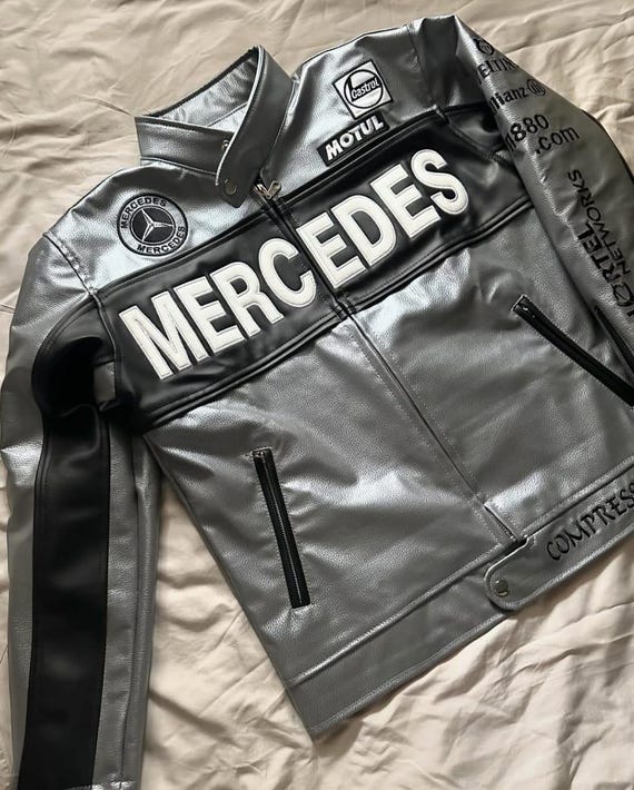 Mercedes F1 Racing Leather Jacket: Vintage Embroidered Cowhide